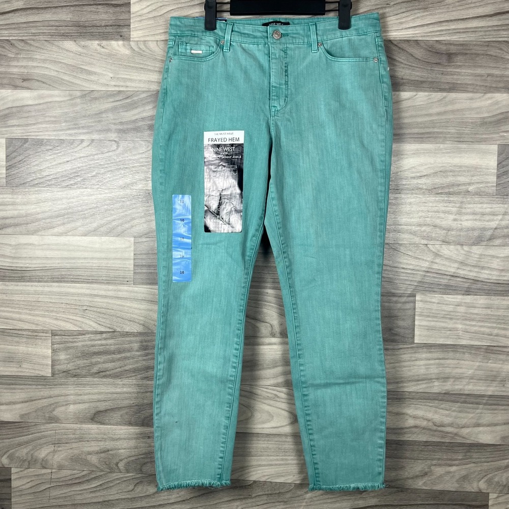 Nine West Skinny Ankle Jeans Women's‎ 10 Green Denim Frayed Hem 5 Pocket Stretch